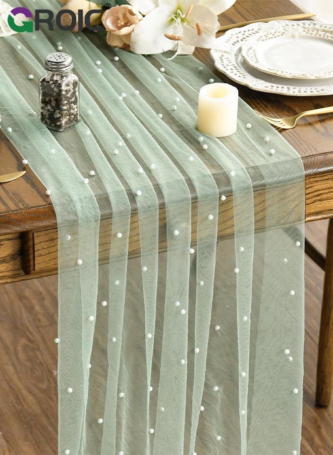 GROIC عداء طاولة لؤلؤي، 75*300 سم، غطاء طاولة شفاف من التول الأخضر، غطاء طاولة حجاب للحلويات، زينة لينة من الدانتيل، زينة طاولة رومانسية، مفارش لحفلات الزفاف، حفلات استقبال المواليد، أعياد الميلاد، المنزل - Image 1